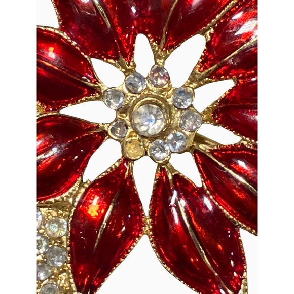 Red Enamel Crystal Flower Brooch Gold Tone vintage - Picture 2 of 7